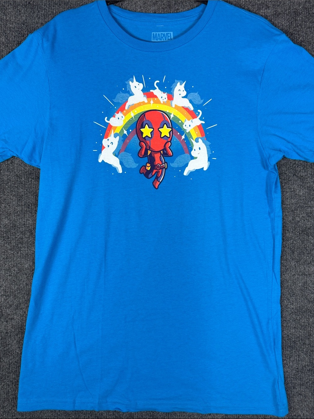 Marvel Deadpool Men's Medium Rainbow Unicorn Graphic T Shirt Blue TeeTurtle